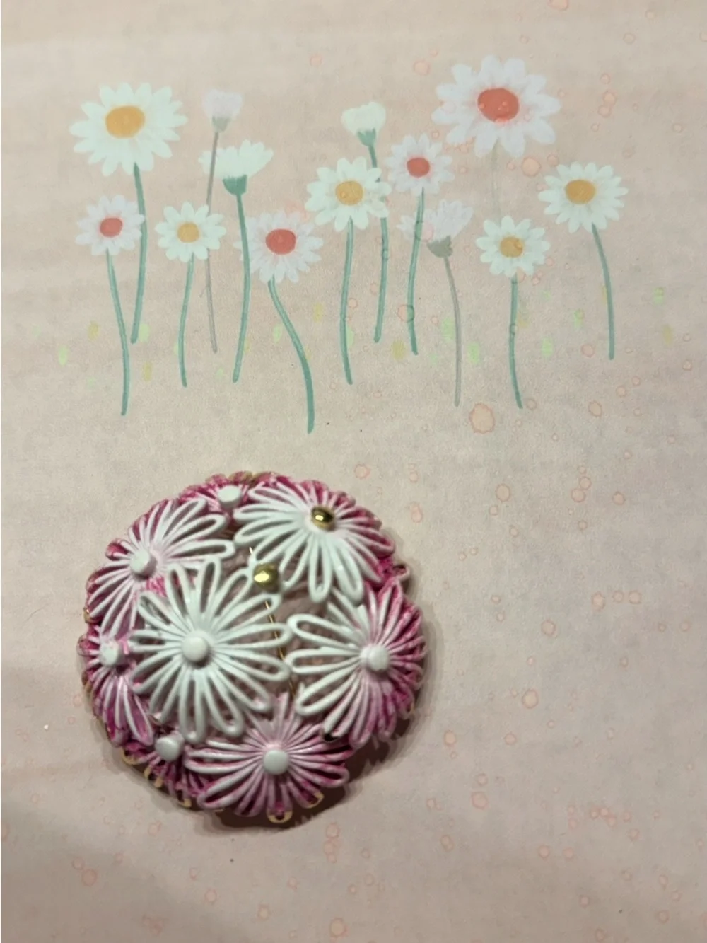 Handcrafted Pink & White Floral Button Brooch - Women Accessories